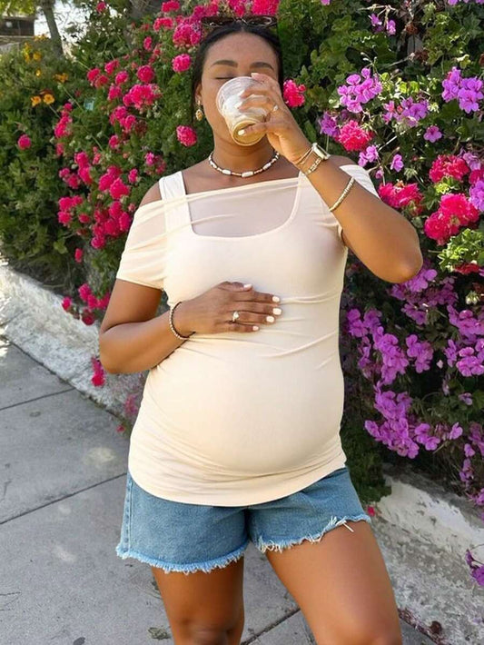 Maternity Cold Shoulder Tee - Asymmetrical Neck, Short Sleeve, Slim Fit, Apricot