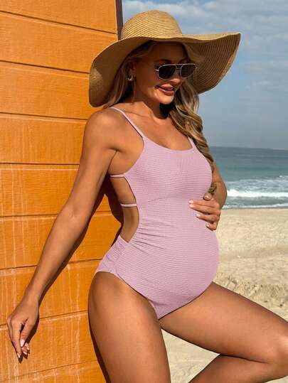 Maternity One-Piece Swimsuit - Textured Criss-Cross Backless, Pink