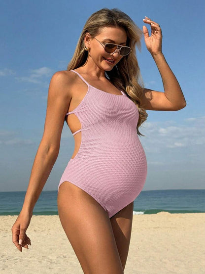 Maternity One-Piece Swimsuit - Textured Criss-Cross Backless, Pink