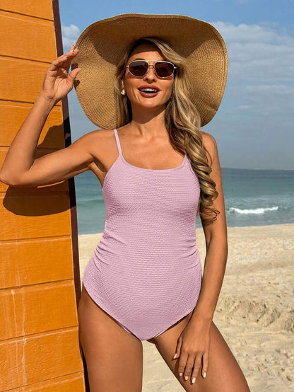 Pregnant Women Elegant Ribbed Backless One-Piece Swimsuit For Summer Beach Vacation