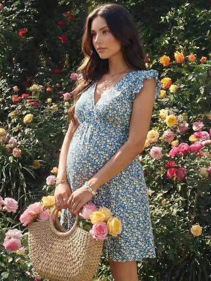 Maternity Boho Floral V-Neck A-Line Dress with Ruffle Cap Sleeves and High Waist Short Summer Vacation Beach Dress