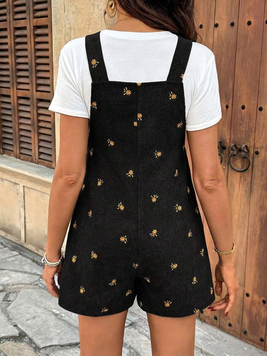 Apricot Floral Embroidered Corduroy Maternity Overalls – Minimalist Loose Fit Sleeveless Short Jumpsuit for Casual Home & Daily Wear