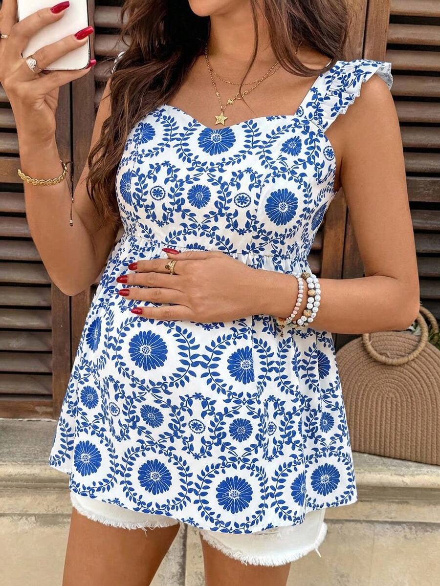 Maternity Tank Top - Blue Boho Allover Print Sleeveless Flounce Trim Strappy, Summer Beach