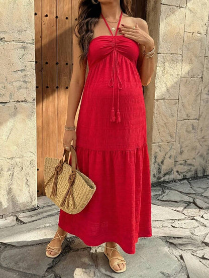 Maternity Vacation Casual Solid Color Halter Backless Dress Red Maternity Dress Red Maxi Dress Women Maternity Sundress Red Baby Shower Dress Maternity Two Piece Sets