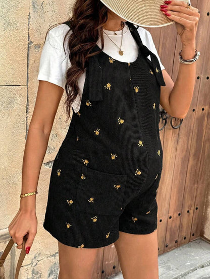 Apricot Floral Embroidered Corduroy Maternity Overalls – Minimalist Loose Fit Sleeveless Short Jumpsuit for Casual Home & Daily Wear