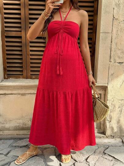 Maternity Vacation Casual Solid Color Halter Backless Dress Red Maternity Dress Red Maxi Dress Women Maternity Sundress Red Baby Shower Dress Maternity Two Piece Sets