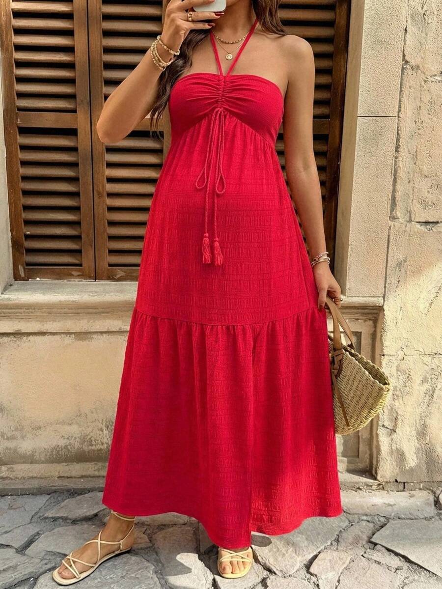 Maternity Vacation Casual Solid Color Halter Backless Dress Red Maternity Dress Red Maxi Dress Women Maternity Sundress Red Baby Shower Dress Maternity Two Piece Sets