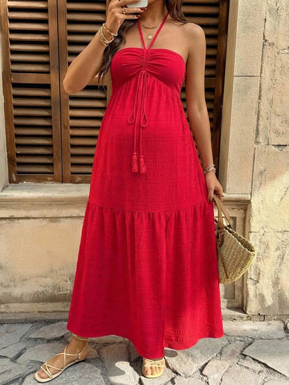 Maternity Vacation Casual Solid Color Halter Backless Dress Red Maternity Dress Red Maxi Dress Women Maternity Sundress Red Baby Shower Dress Maternity Two Piece Sets
