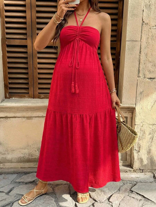 Maternity Vacation Casual Solid Color Halter Backless Dress Red Maternity Dress Red Maxi Dress Women Maternity Sundress Red Baby Shower Dress Maternity Two Piece Sets