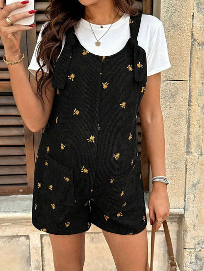 Apricot Floral Embroidered Corduroy Maternity Overalls – Minimalist Loose Fit Sleeveless Short Jumpsuit for Casual Home & Daily Wear