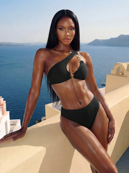 Women's Hollow-Out Monokini Bikini Set - One Shoulder, Chain Link, Asymmetrical Neck, Black
