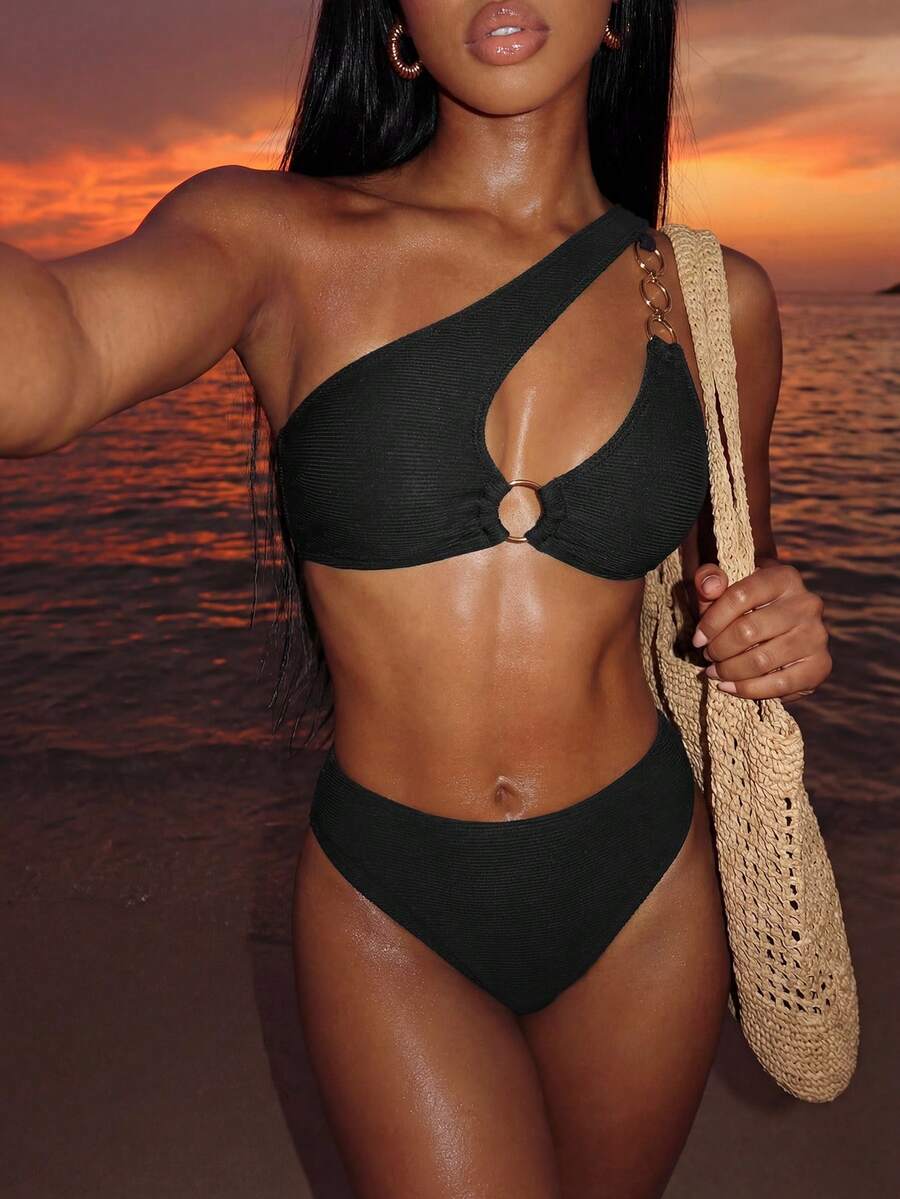 Women's Hollow-Out Monokini Bikini Set - One Shoulder, Chain Link, Asymmetrical Neck, Black