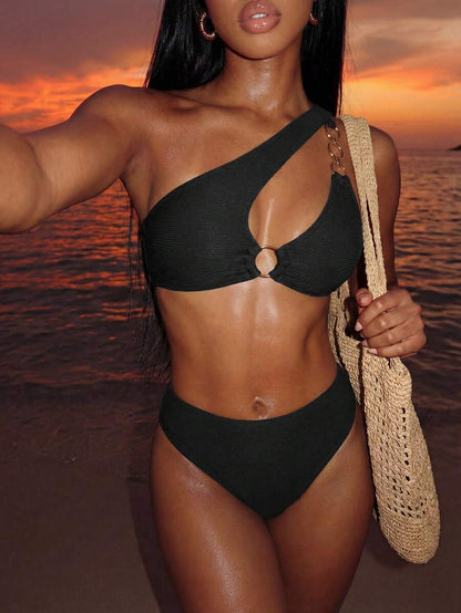 Women's Hollow-Out Monokini Bikini Set - One Shoulder, Chain Link, Asymmetrical Neck, Black