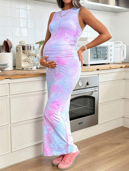 Multicolor Tie-Dye Sleeveless Maternity Tank Dress Padded Slim Fit Round Neck Knit Maxi Pencil Dress for Casual Vacation or Office Wear