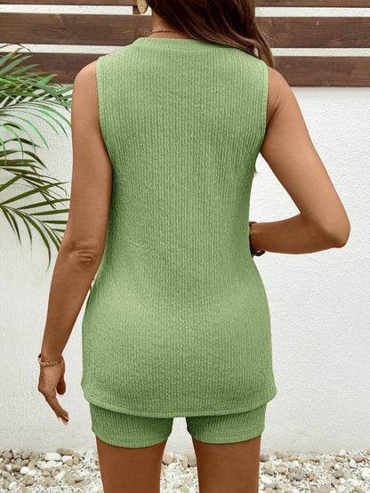 Maternity 2-Piece Camisole and Biker Shorts Set - Round Neck, Slim Fit, Green