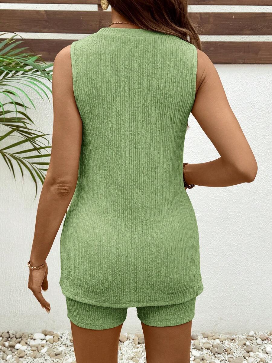 Yellow Textured Maternity Camisole and Biker Shorts Set - Ribbed Summer Vacation 2-Piece Lounge Set with Adjustable Waist