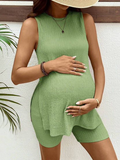 Maternity 2-Piece Set - Round Neck Tank Top & Biker Shorts, Jacquard, Pink