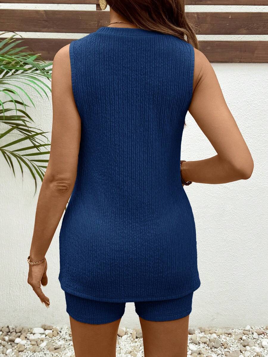 Yellow Jacquard Knit Maternity Lounge Set with Longline Round Neck Tank Top and Slim Fit Biker Shorts – Comfortable 2-Piece Summer Set