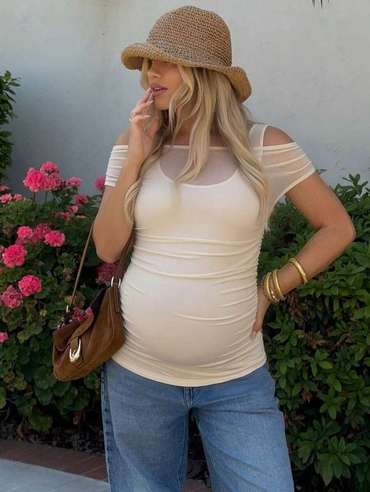 Maternity Cold Shoulder Tee - Asymmetrical Neck, Short Sleeve, Slim Fit, Apricot