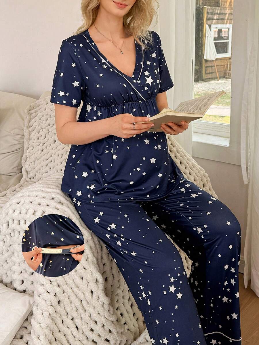 Maternity Pajama Set - Casual Star Print Short Sleeve Top and Long Pants Sleepwear, Pregnancy