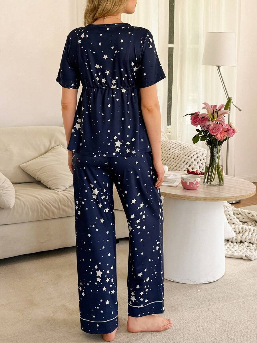 Maternity Pajama Set - Casual Star Print Short Sleeve Top and Long Pants Sleepwear, Pregnancy