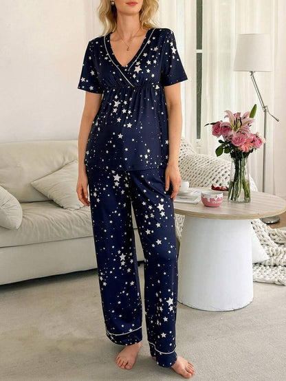 Maternity Pajama Set - Casual Star Print Short Sleeve Top and Long Pants Sleepwear, Pregnancy