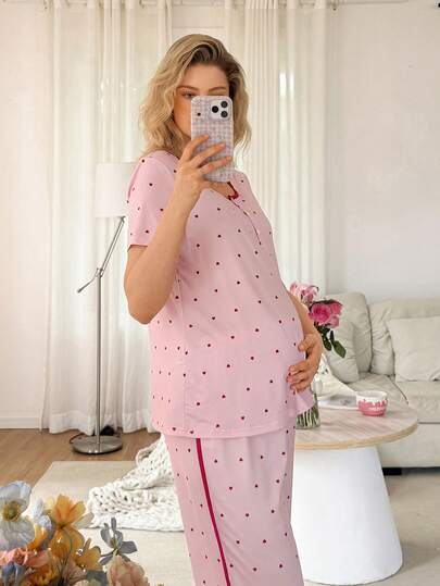 Maternity Pajama Set - Short Sleeve Pullover Top and Pants Soft, Pregnancy Sleepwear Loungewear
