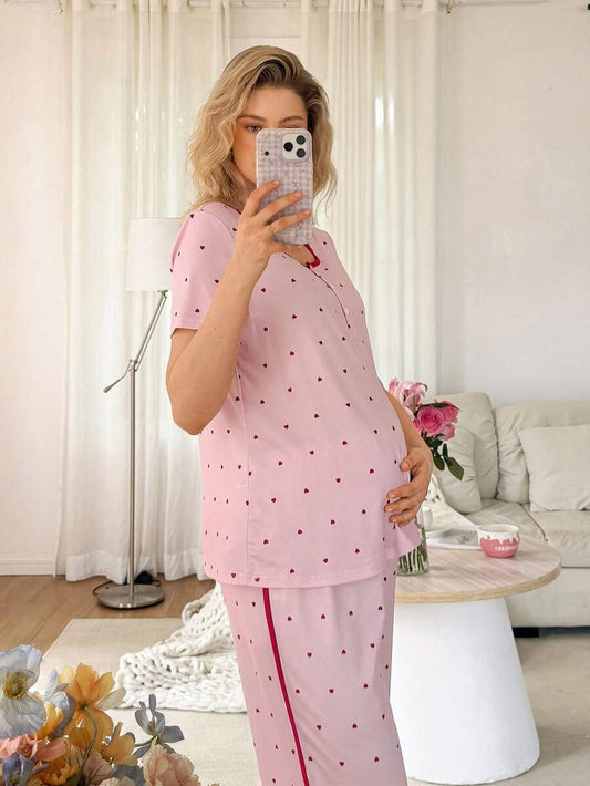 Maternity Pajama Set - Short Sleeve Pullover Top and Pants Soft, Pregnancy Sleepwear Loungewear