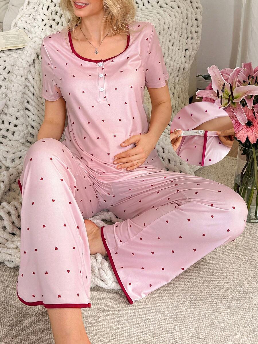 Maternity Pajama Set - Short Sleeve Pullover Top and Pants Soft, Pregnancy Sleepwear Loungewear