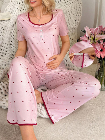 Maternity Pajama Set - Short Sleeve Pullover Top and Pants Soft, Pregnancy Sleepwear Loungewear