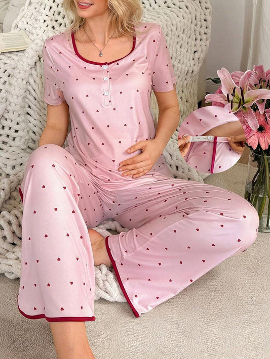 Maternity Pajama Set - Short Sleeve Pullover Top and Pants Soft, Pregnancy Sleepwear Loungewear