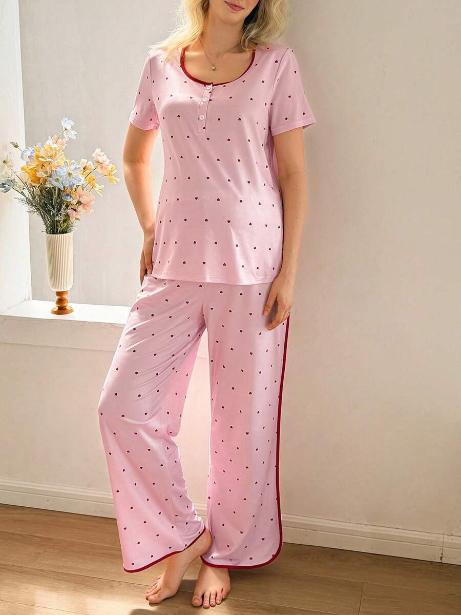 Maternity Heart Print Pajama Set - Short Sleeve Pullover Top and Pants Soft, Pregnancy Lounge