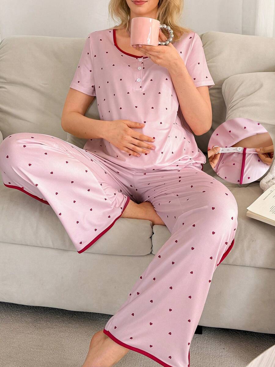 Maternity Pajama Set - Short Sleeve Pullover Top and Pants Soft, Pregnancy Sleepwear Loungewear