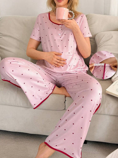 Maternity Pajama Set - Short Sleeve Pullover Top and Pants Soft, Pregnancy Sleepwear Loungewear