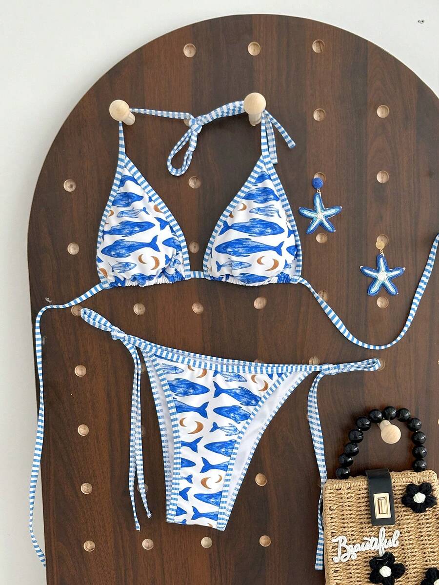 Swim Vcay Women's Summer Beach Contrast Color Halter Tie Sexy Bikini And Triangle Panty Swimwear Set Blue Bikini Yacht Party Outfit Vacation Bikini Boat Party Outfit Women Tie Side Bikini Triangle Bikini Set Light Blue Bikini