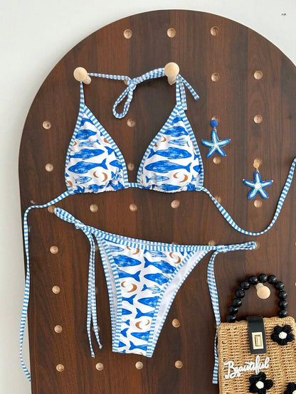 Swim Vcay Women's Summer Beach Contrast Color Halter Tie Sexy Bikini And Triangle Panty Swimwear Set Blue Bikini Yacht Party Outfit Vacation Bikini Boat Party Outfit Women Tie Side Bikini Triangle Bikini Set Light Blue Bikini