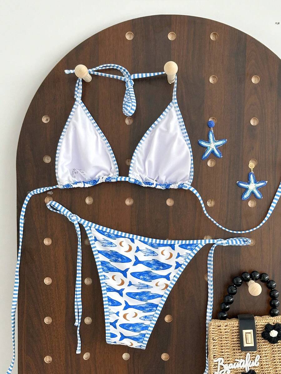 Swim Vcay Women's Summer Beach Contrast Color Halter Tie Sexy Bikini And Triangle Panty Swimwear Set Blue Bikini Yacht Party Outfit Vacation Bikini Boat Party Outfit Women Tie Side Bikini Triangle Bikini Set Light Blue Bikini