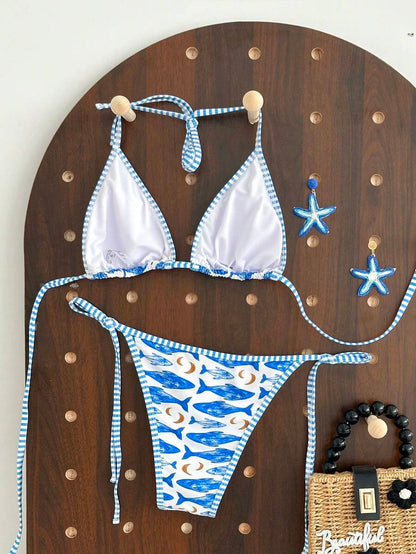 Swim Vcay Women's Summer Beach Contrast Color Halter Tie Sexy Bikini And Triangle Panty Swimwear Set Blue Bikini Yacht Party Outfit Vacation Bikini Boat Party Outfit Women Tie Side Bikini Triangle Bikini Set Light Blue Bikini