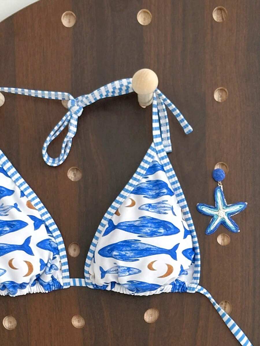 Swim Vcay Women's Summer Beach Contrast Color Halter Tie Sexy Bikini And Triangle Panty Swimwear Set Blue Bikini Yacht Party Outfit Vacation Bikini Boat Party Outfit Women Tie Side Bikini Triangle Bikini Set Light Blue Bikini