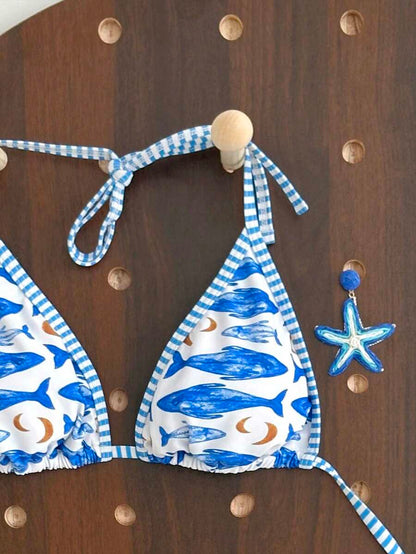 Swim Vcay Women's Summer Beach Contrast Color Halter Tie Sexy Bikini And Triangle Panty Swimwear Set Blue Bikini Yacht Party Outfit Vacation Bikini Boat Party Outfit Women Tie Side Bikini Triangle Bikini Set Light Blue Bikini