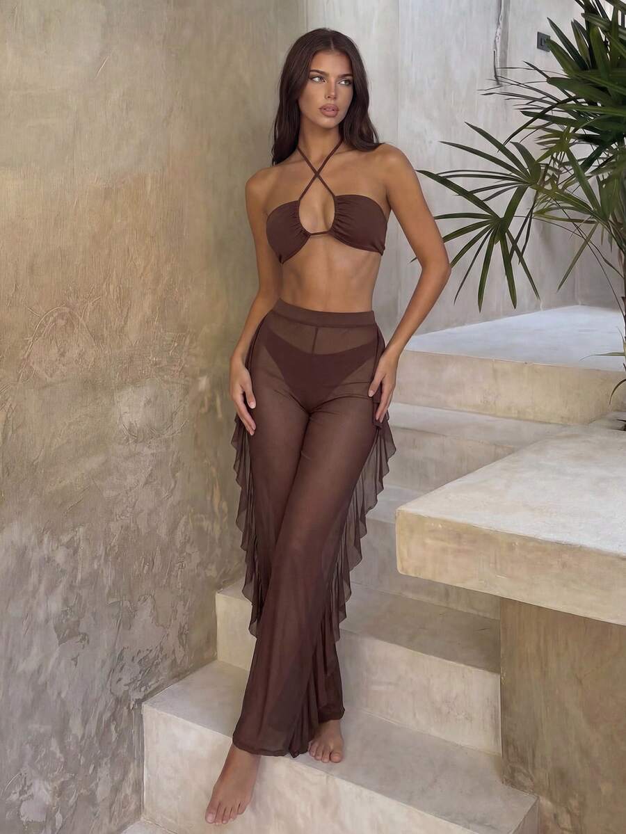 Women's 3-Piece Halter Bikini Set - Criss Cross, High Cut, Cover-Up Pants, White
