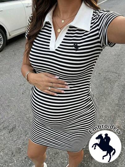 Maternity Striped Knight Embroidery Lapel Cap Sleeve Fitted Bodycon Casual Short Dress