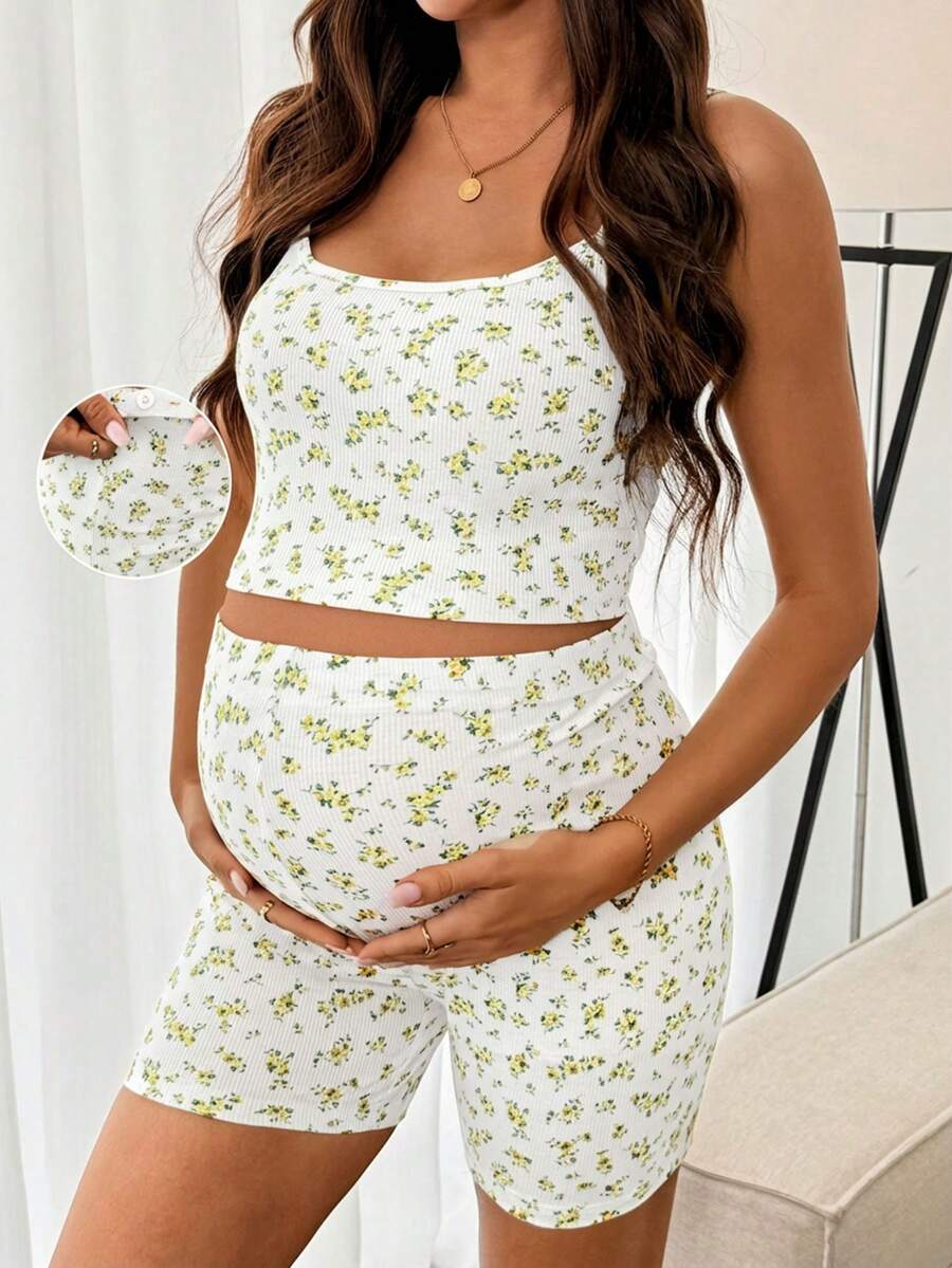 2-Piece Maternity Floral Pajama Set – Camisole & Shorts Summer