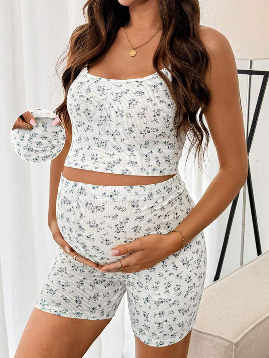 SHEIN 2pcs Maternity Ditsy Floral Camisole2-Piece Maternity Ditsy Floral Camisole and Adjustable Shorts Set - Slim Fit Spaghetti Strap Crop Top and High Waist Beach Set Top And Adjustable Waist Shorts Set