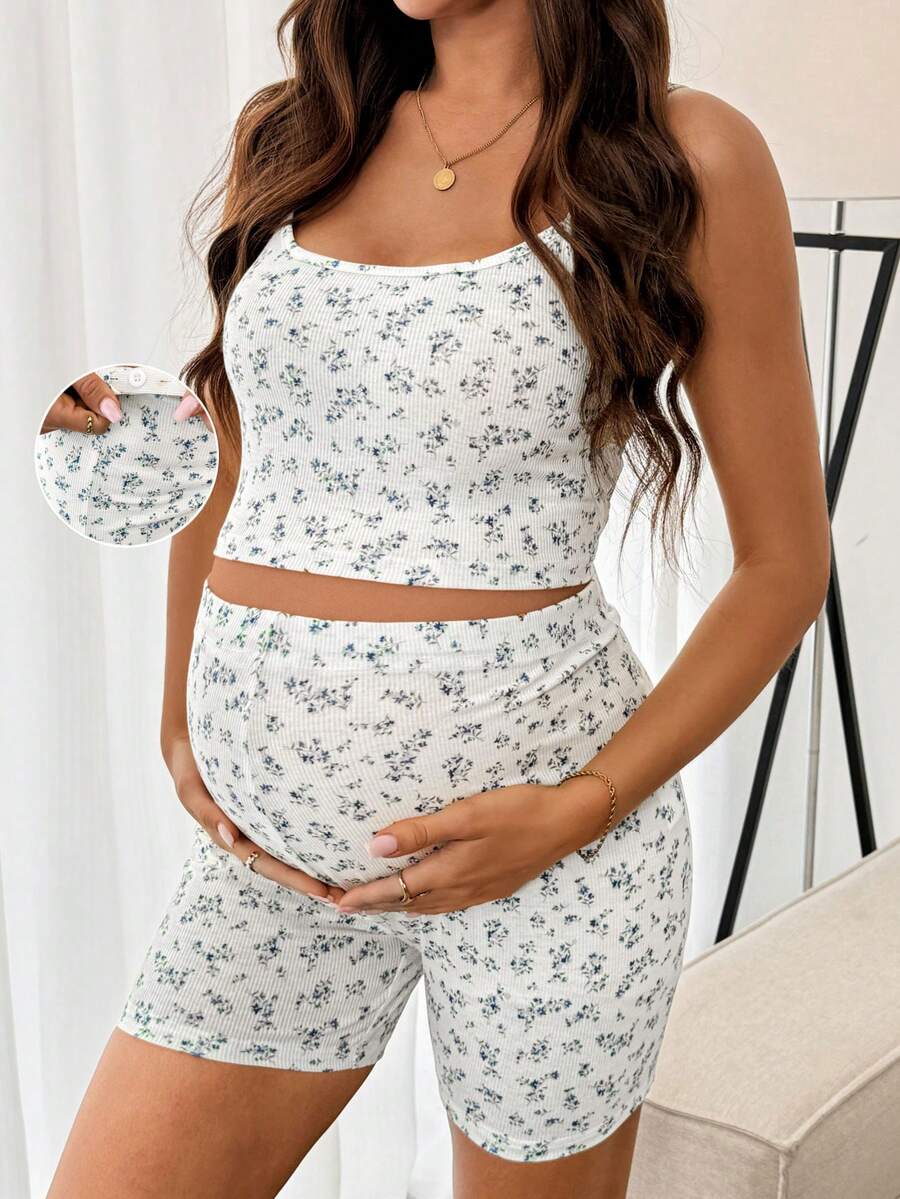 2-Piece Maternity Floral Pajama Set – Camisole & Shorts Summer