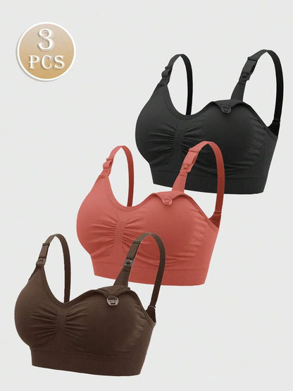3PCS Maternity Nursing Bras Set Women Simple Solid Color Comfortable Breastfeeding Bra Set