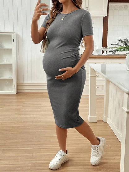 Maternity Short Sleeve Round Neck Bodycon Dress Slim Fit Ruched Knee Length Pencil Dress for Casual Street Style