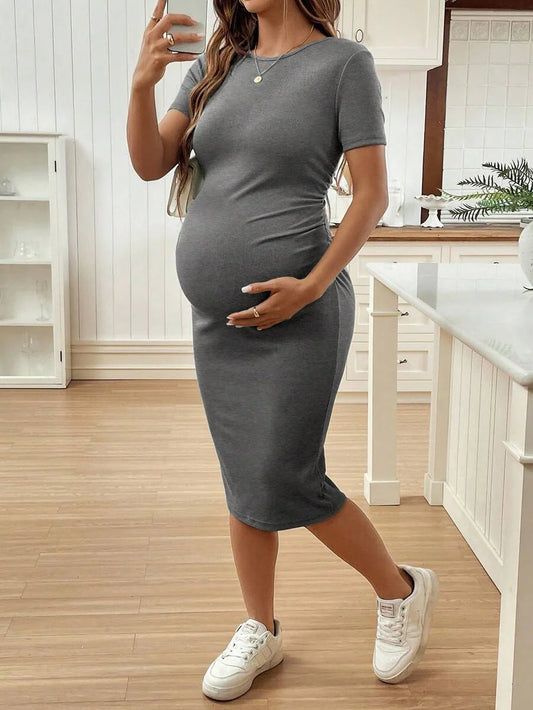 Maternity Short Sleeve Round Neck Bodycon Dress Slim Fit Ruched Knee Length Pencil Dress for Casual Street Style