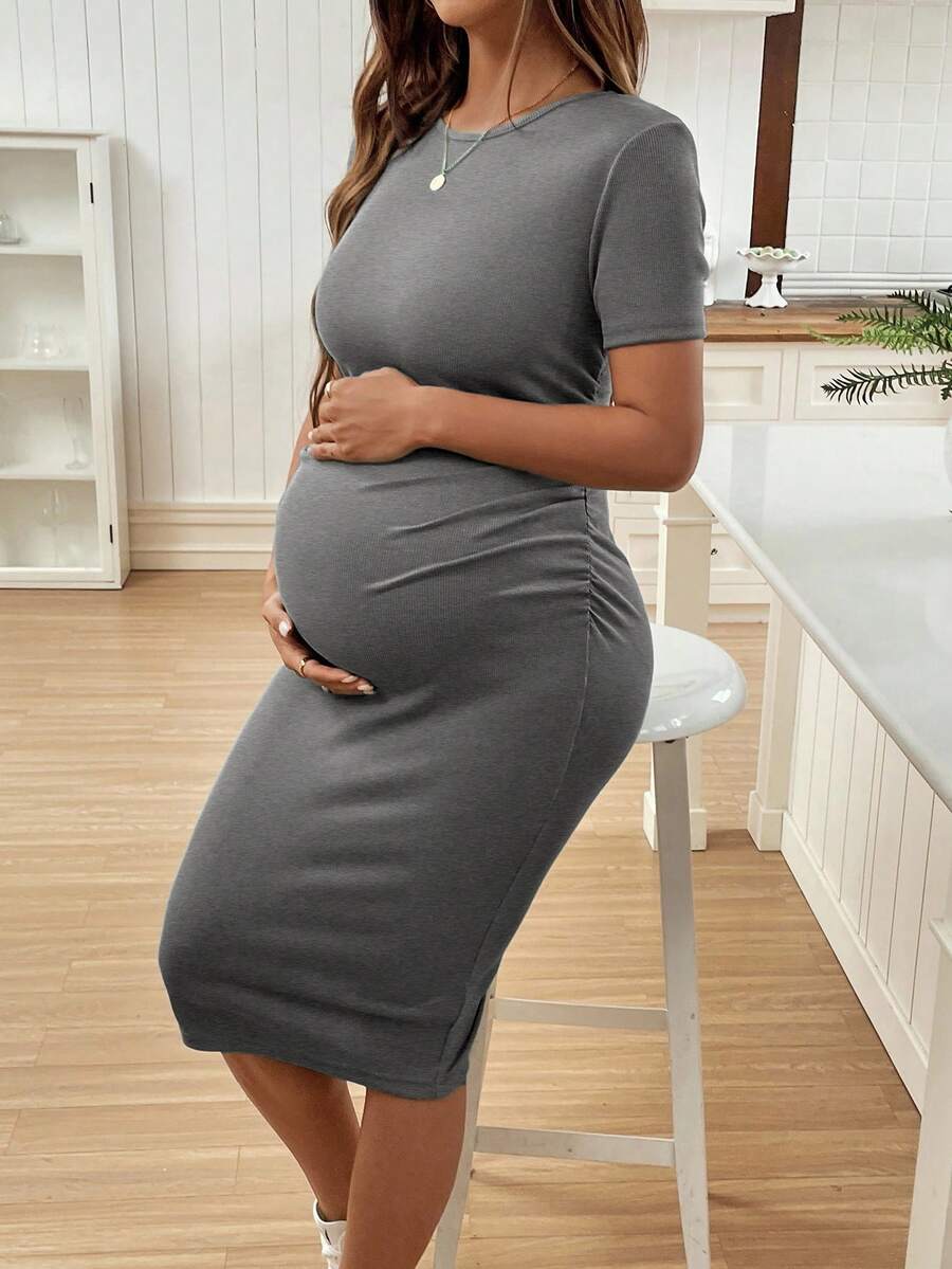 Maternity Short Sleeve Round Neck Bodycon Dress Slim Fit Ruched Knee Length Pencil Dress for Casual Street Style
