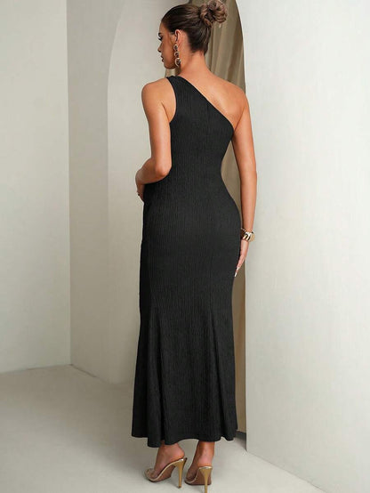 Fashionable & Versatile Textured Asymmetrical Shoulder Metal Buckle Maternity Dress
